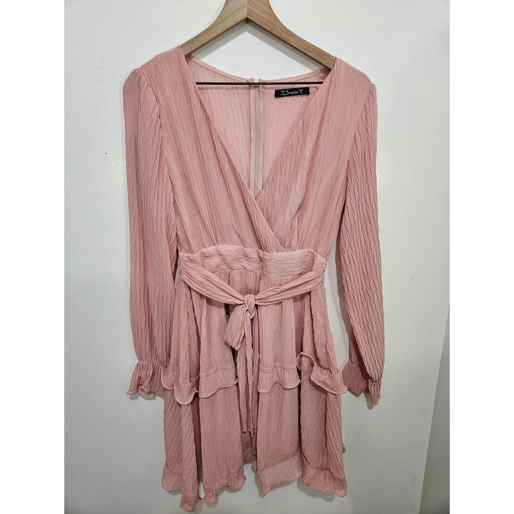 Simplee Pink Plisse Ruffle Mini Dress Surplice V-Neck Long Sleeve Tiered Size M